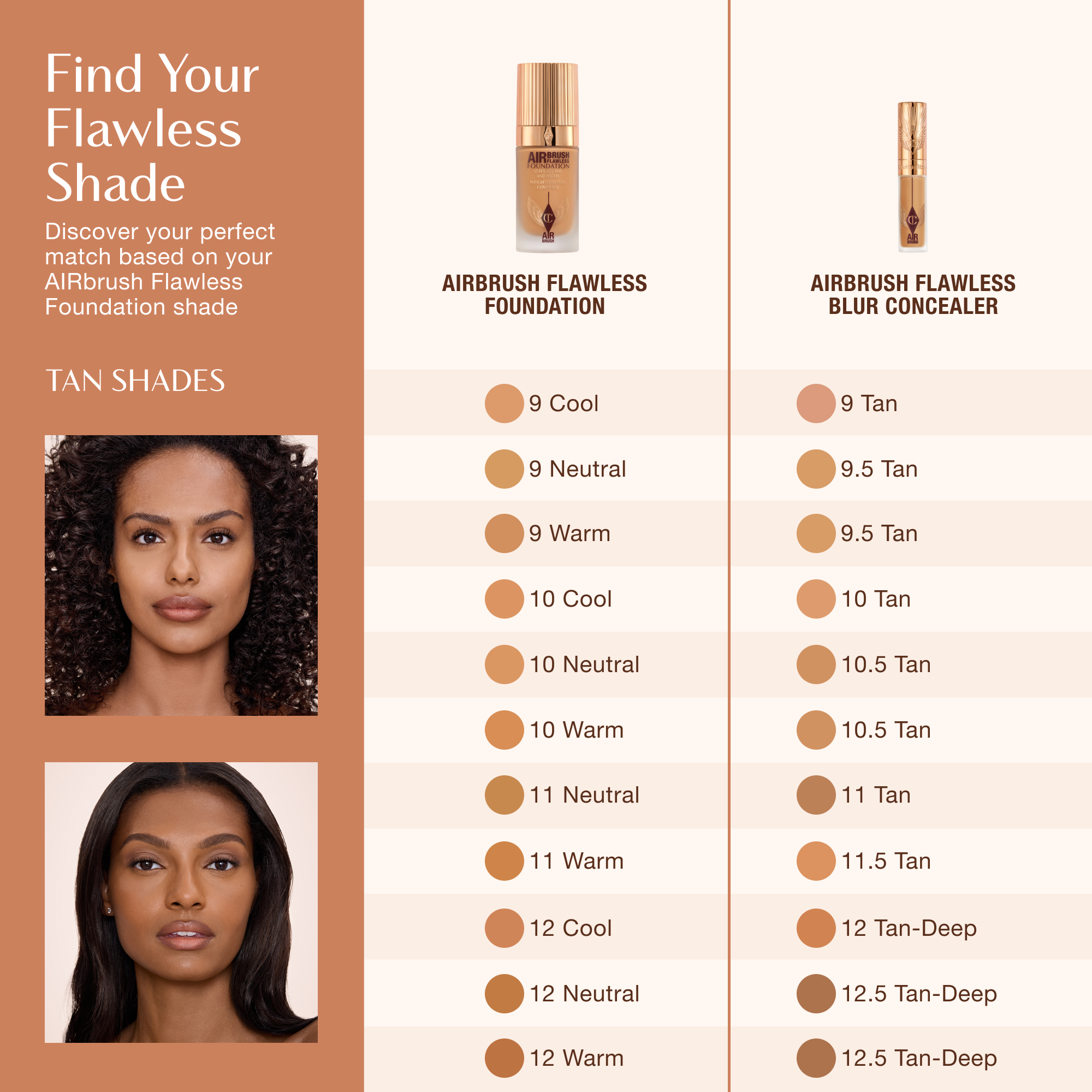 Shade matching chart for Charlotte Tilbury Airbrush Flawless Foundation and Airbrush Flawless Blur Concealer, showing tan shades from 9 Cool to 12 Warm with corresponding concealer matches.