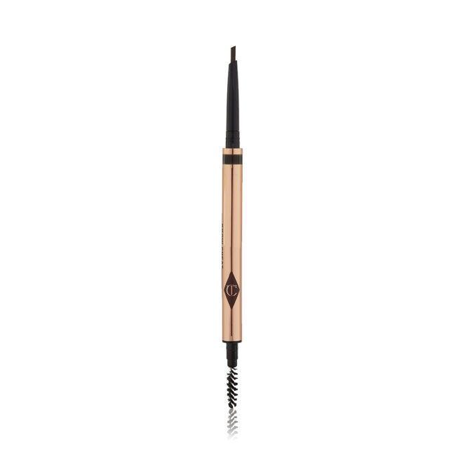 A double-ended eyebrow pencil and spoolie brush duo in a black shade with gold-coloured packaging.