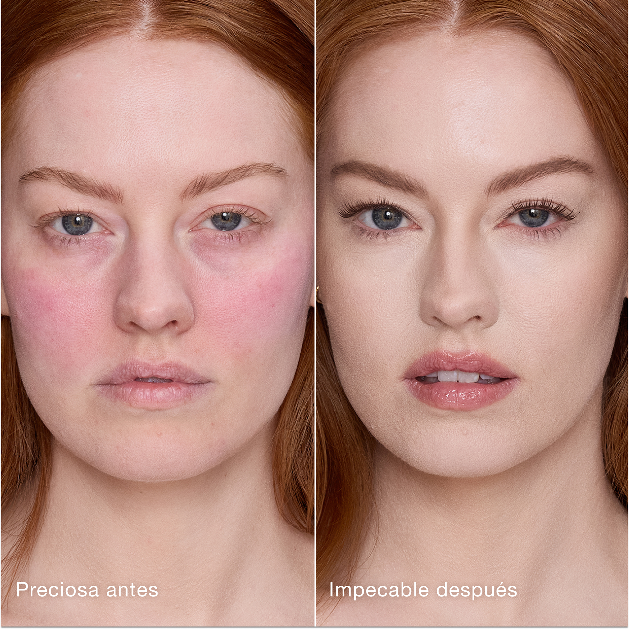 Comparación paralela que muestra la piel antes y después de aplicar el corrector Charlotte Tilbury Airbrush Flawless Concealer con las etiquetas de texto «Preciosa antes» y «Perfecta después».