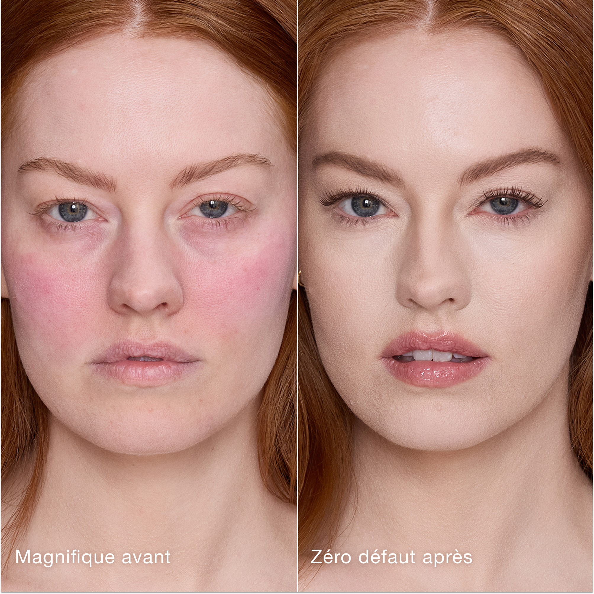 Comparación paralela que muestra la piel antes y después de aplicar el corrector Charlotte Tilbury Airbrush Flawless Concealer con las etiquetas de texto "Preciosa antes", "Impecable después".