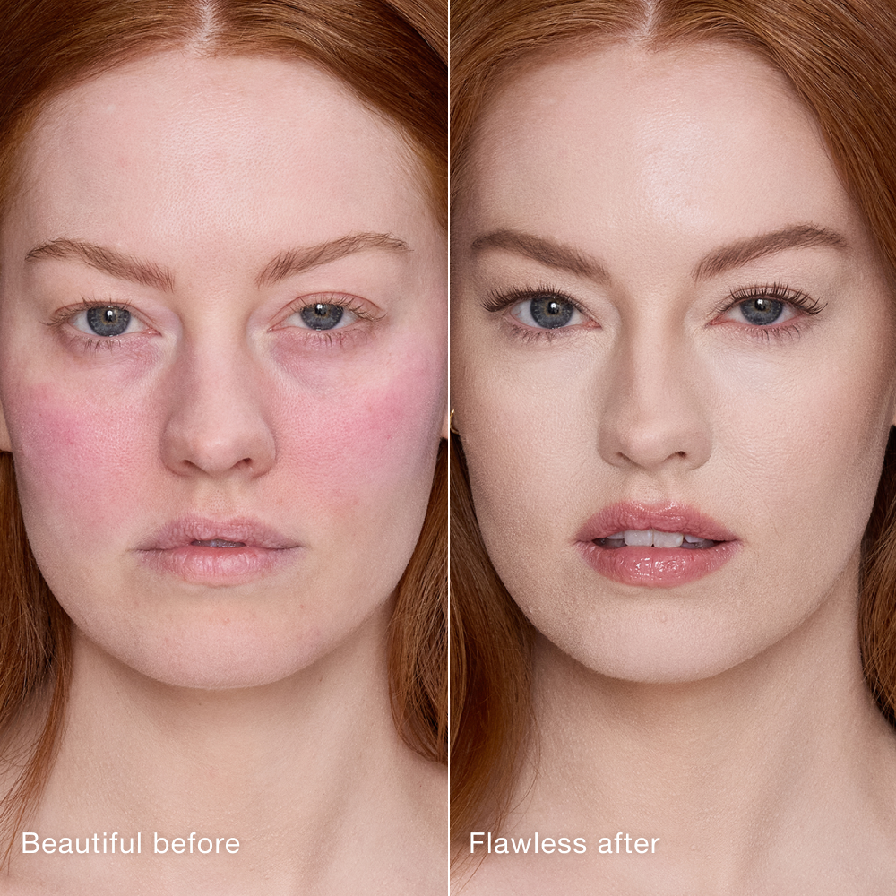 Side-by-side comparison showing skin before and after applying Charlotte Tilbury Airbrush Flawless Concealer, with text labels 'Beautiful before' and 'Flawless after'.