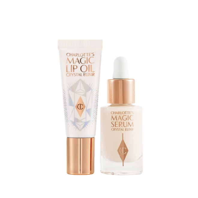 Travel-size lip oil in a white-coloured tube with a gold-coloured lid and a mini, glow-enhancing serum in a glass bottle with a gold and white-coloured dropper lid.