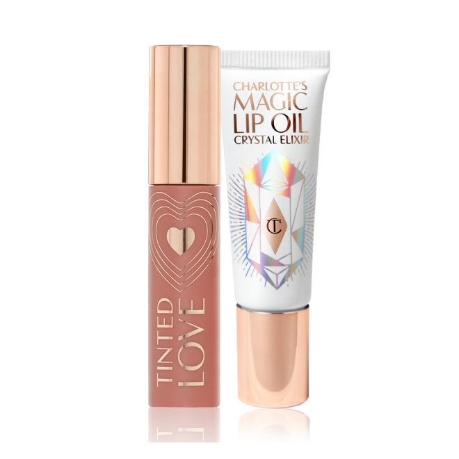 Lip and cheek tint in a brown-pink shade with a golden-coloured lid and lip oil in a white-coloured tube with a gold-coloured tube. 