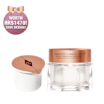 Pearly-white cream in a glass jar with a gold-coloured lid along with its refill in a white-coloured pot with an easy-to-peel-off cover. 