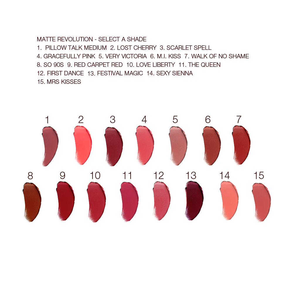 Swatches of fifteen lipsticks with a matte finish in shades of red, brown, orange, pink, peach, and purple. 