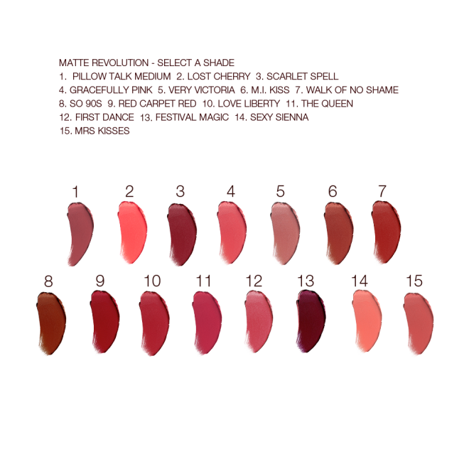 Swatches of fifteen lipsticks with a matte finish in shades of red, brown, orange, pink, peach, and purple. 