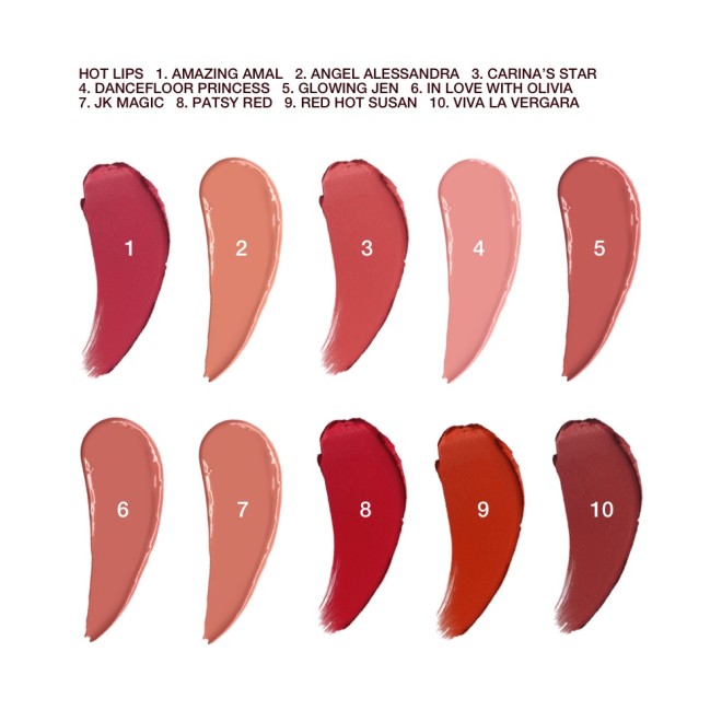 Swatches of ten lipstick in muted shades of pink, beige, red, brown, and purple.