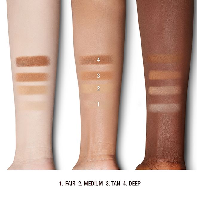 Airbrush Flawless Finish arm swatches Deep, tan, and fair-tone arms with swatches of pressed powder in light, medium, tan, and deep.