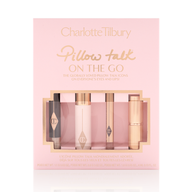 Pillow Talk On The Go packed A packed makeup kit that includes an eyeshadow pencil in a rose gold shade, mascara, lip liner pencil in nude pink, and lipstick in a nude pink shade.
