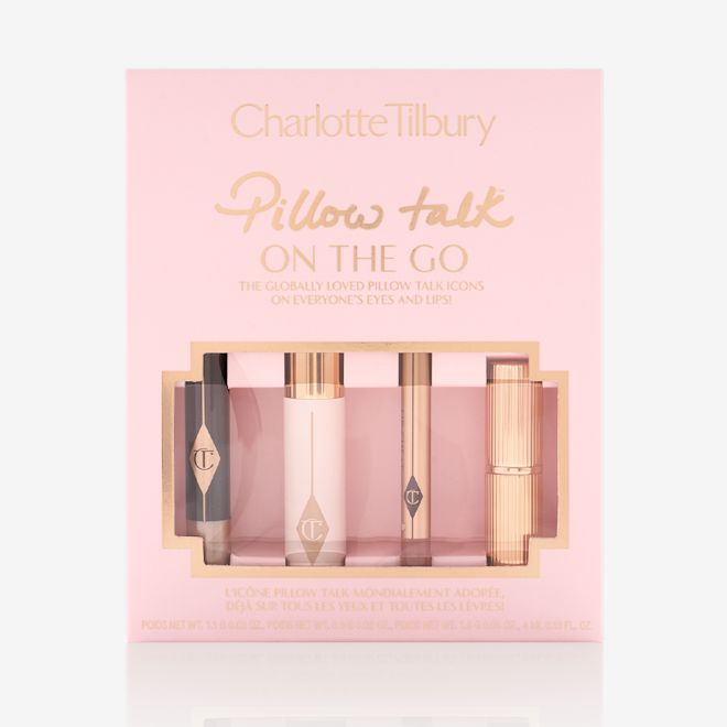 Pillow Talk On The Go packed A packed makeup kit that includes an eyeshadow pencil in a rose gold shade, mascara, lip liner pencil in nude pink, and lipstick in a nude pink shade.