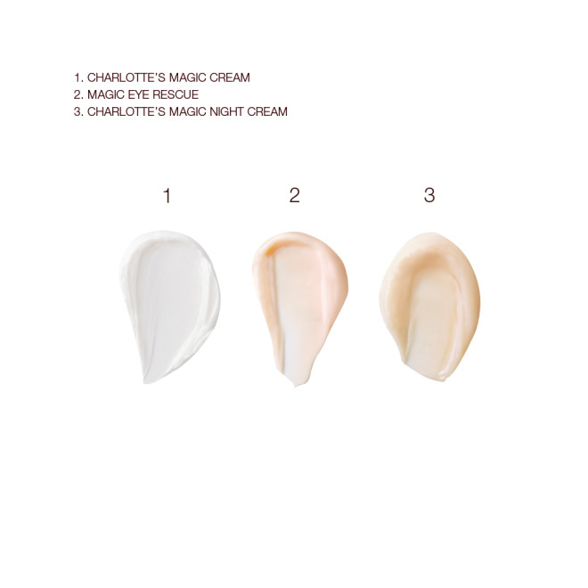 Swatches of pearly-white face cream, fawn-coloured eye cream, and peach-coloured night cream.