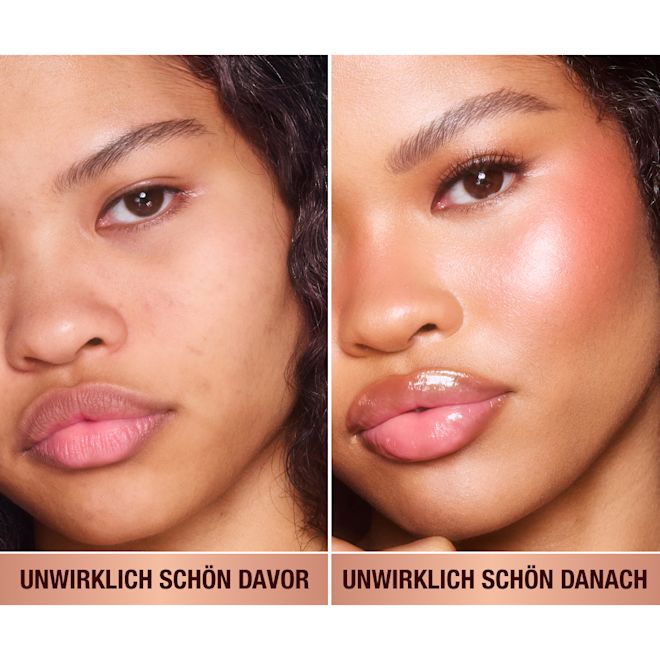 Unreal Blush Peachy Glow Vorher und Nachher Vorher und nachher von Model mit gebräunten Hautton mit und ohne Rouge.