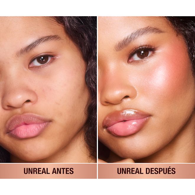 Unreal Blush Peachy Glow antes y después Antes y después de una modelo de piel bronceada con y sin colorete.