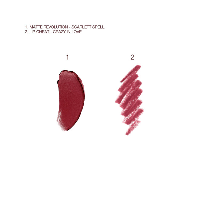 Swatches of matte lipstick in a winter berry shade and lip liner pencil in a berry rose pink shade.