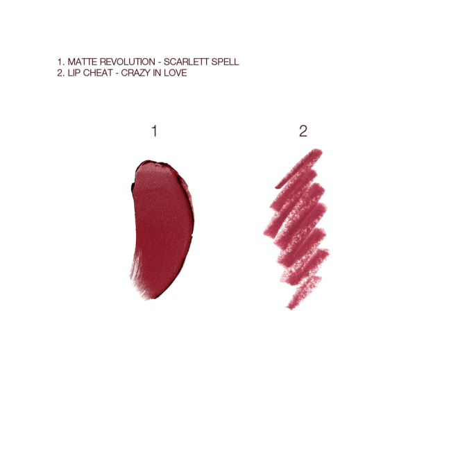 Swatches of matte lipstick in a winter berry shade and lip liner pencil in a berry rose pink shade.