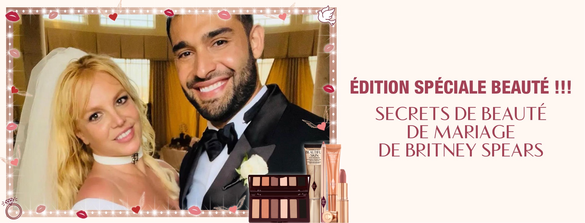 Poster with Britney Spears and her former husband on their wedding with Britney wearing glowy, soft-glam nude pink makeup, and text on the banner that reads, 'breaking Beauty News!!! Britney Spears bridal beauty look'