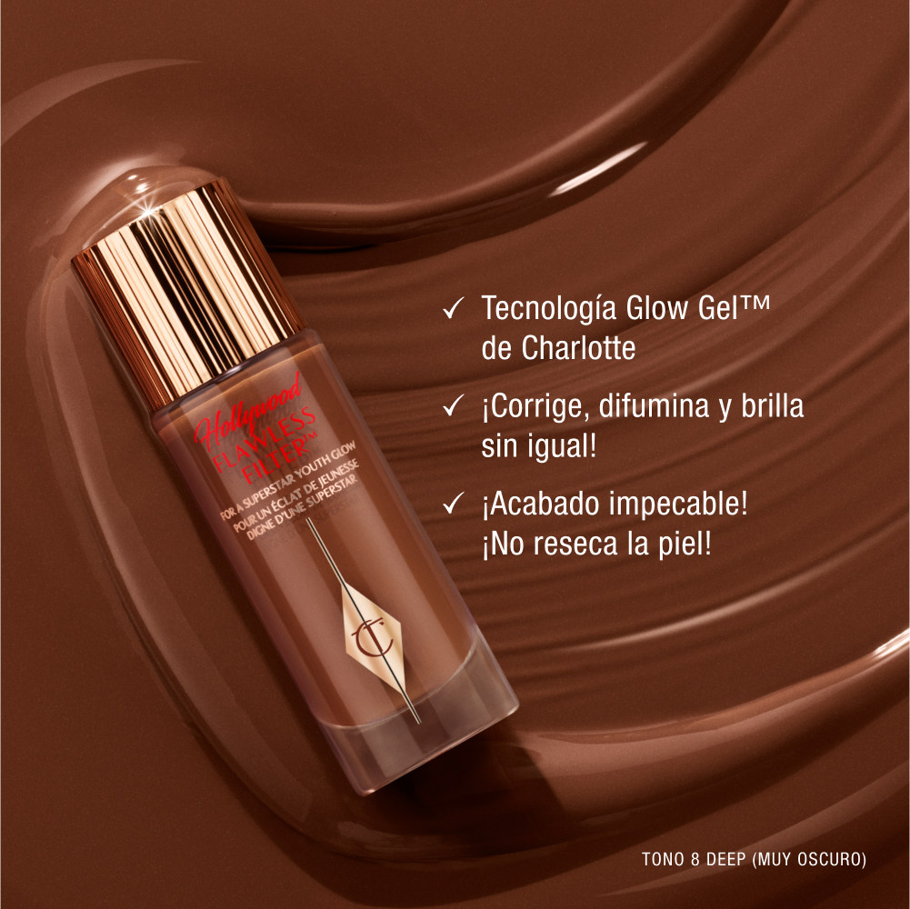 Charlotte Tilbury Hollywood Flawless Filter bottle with gold cap on a chocolate-brown background, promoting glow gel technology that blurs, smooths, and glows, featuring shade 8 Deep.
