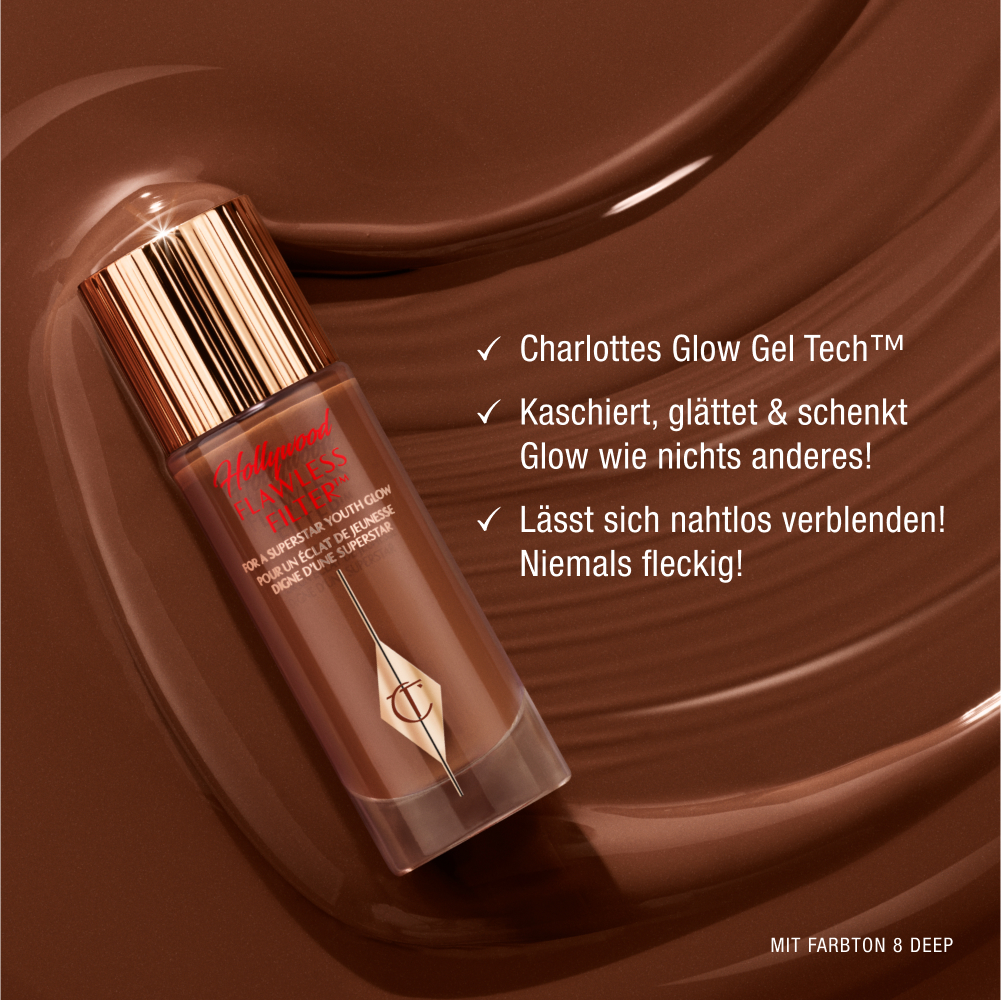 Charlotte Tilbury Hollywood Flawless Filter bottle with gold cap on a chocolate-brown background, promoting glow gel technology that blurs, smooths, and glows, featuring shade 8 Deep.