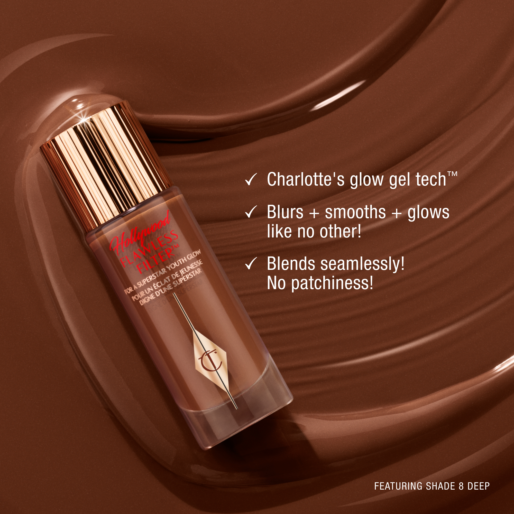 Charlotte Tilbury Hollywood Flawless Filter bottle with gold cap on a chocolate-brown background, promoting glow gel technology that blurs, smooths, and glows, featuring shade 8 Deep.