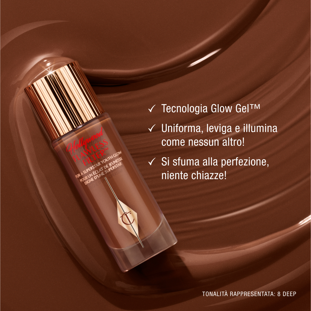 Charlotte Tilbury Hollywood Flawless Filter bottle with gold cap on a chocolate-brown background, promoting glow gel technology that blurs, smooths, and glows, featuring shade 8 Deep.
