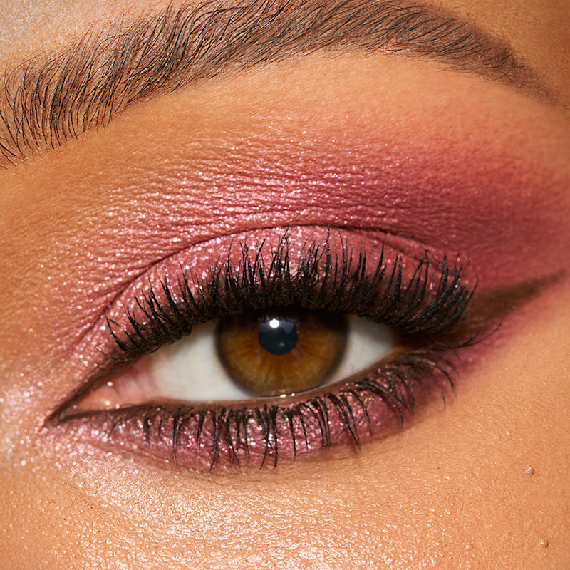 Model with brown eyes wearing Pink Love pink eyeshadow look