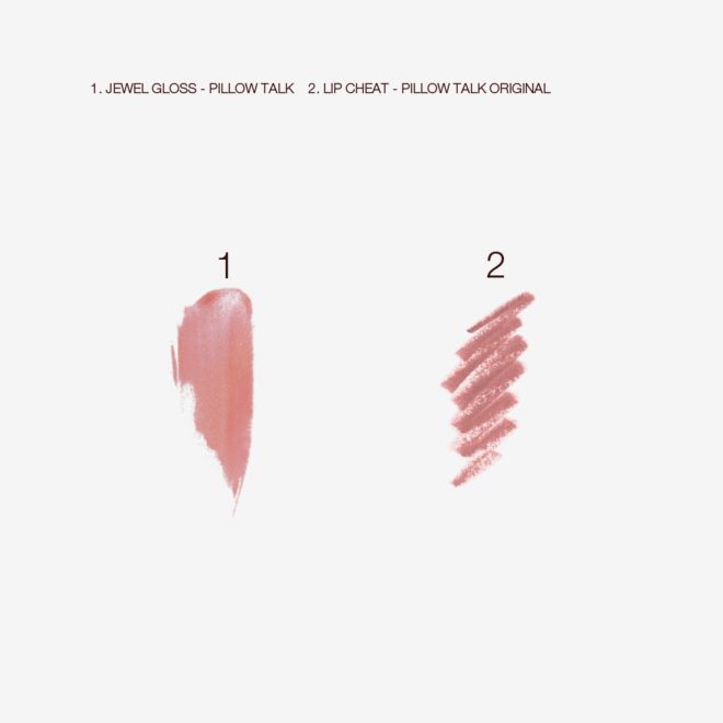 Pillow Talk Jewel Lip Kit in Pillow Talk swatch Swatch of a shimmery nude pink lip gloss and lip liner pencil in nude pink.