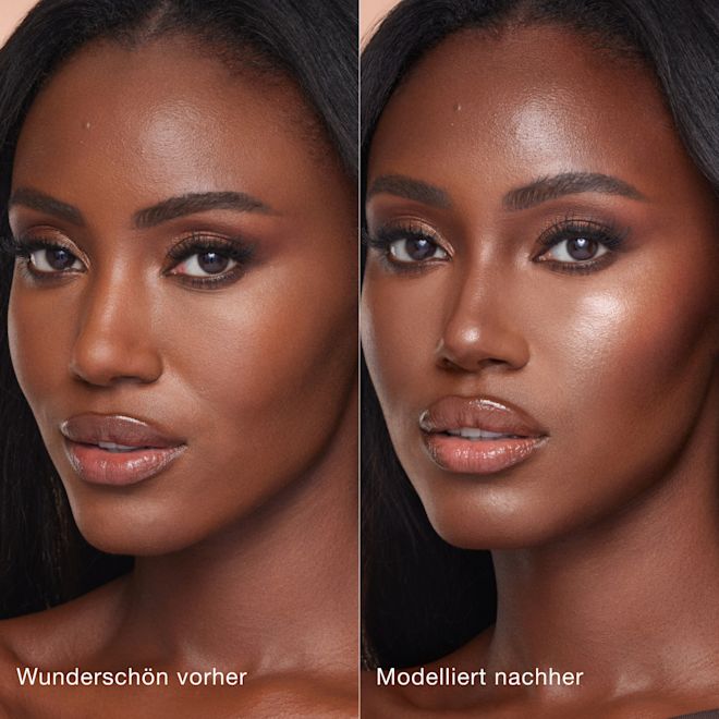 DE Contour Wand B&A Tan Deep 1000x1000 Side-by-side comparison of a person's face before and after makeup application. Left side labeled 'Beautiful before' shows natural features; right side labeled 'Sculpted after' shows enhanced contouring and highlighting for a more defined look.