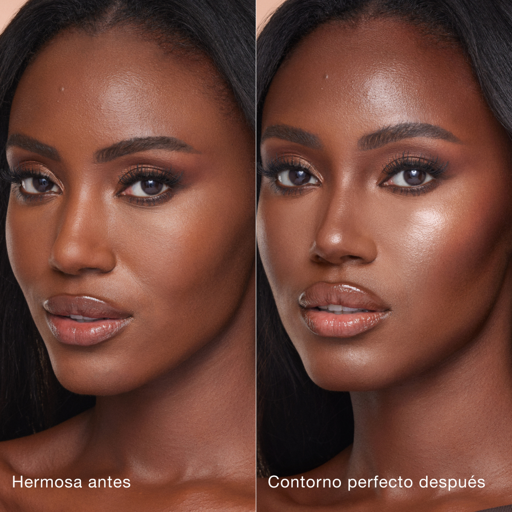 Side-by-side comparison of a person's face before and after makeup application. Left side labeled 'Beautiful before' shows natural features; right side labeled 'Sculpted after' shows enhanced contouring and highlighting for a more defined look.