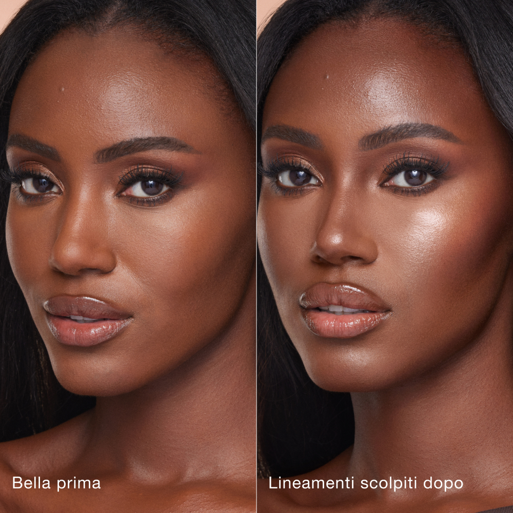 Side-by-side comparison of a person's face before and after makeup application. Left side labeled 'Beautiful before' shows natural features; right side labeled 'Sculpted after' shows enhanced contouring and highlighting for a more defined look.