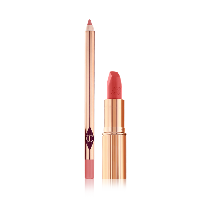 An open lip liner pencil in a soft tea pink colour with an open lipstick in a coral-pink shade in a gold-coloured tube.