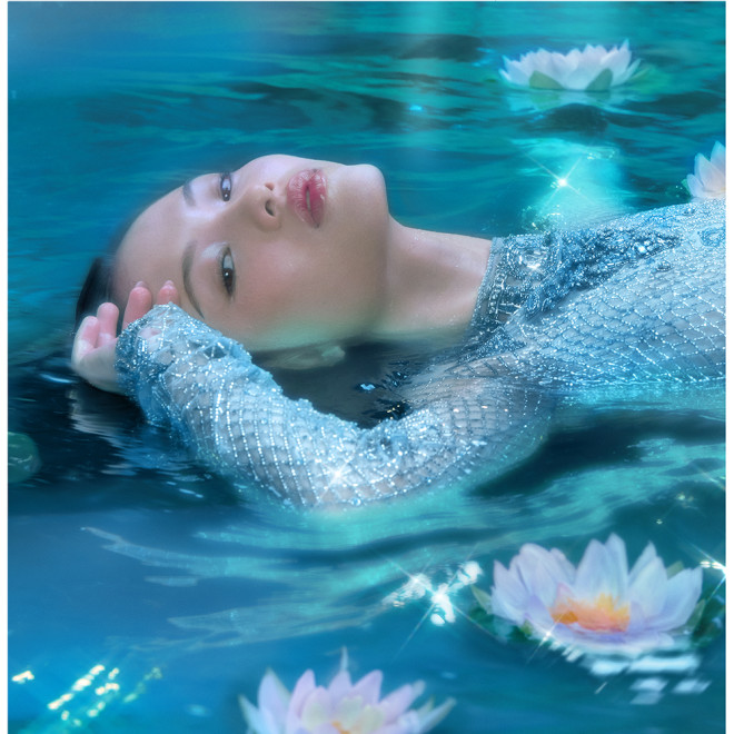 Model submerged in water, wearing Calm Bliss: Fresh Aquatic Perfume