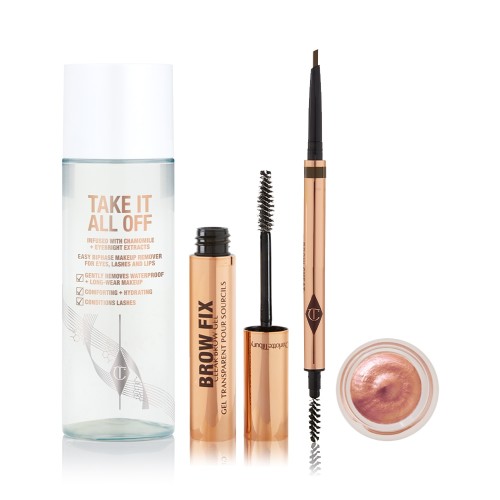 Makeup remover in a clear bottle with text that reads, 'Take it all off' with a white-coloured lid, eyebrow gel in a gold-coloured bottle, double-sized eyebrow tint and brush in gold colour scheme, and rose gold cream eyeshadow in a petite glass pot.