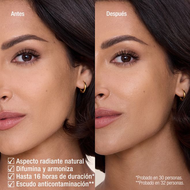 Infografía de Airbrush Flawless Setting Spray Primer plano de un gráfico de resultados de productos de belleza que muestra cuatro afirmaciones: aspecto radiante natural, difumina y armoniza el maquillaje, hasta 16 horas de duración y escudo anticontaminación, con pruebas de anotación de texto pequeño en 30 y 32 personas.