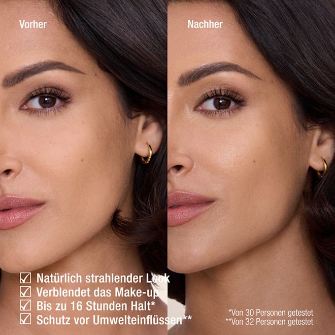 Airbrush Flawless Setting Spray Vergleichs-Infografik Nahaufnahme einer Ergebnisgrafik eines Beauty-Produkts, die vier Aussagen zeigt: natürliches, strahlendes Aussehen, verblendet und harmonisiert das Make-up, bis zu 16 Stunden lang hält, und Schutz vor Umwelteinflüssen, mit kleinen Textanmerkungen, die von 30 und 32 Personen getestet wurden.