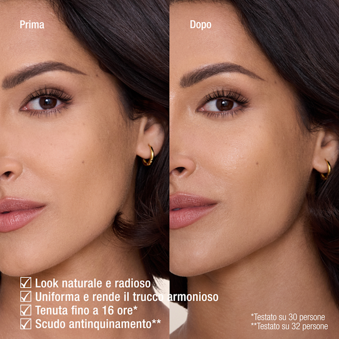 it-AFF ORIGINAL SS RESULT ON SKIN 1000x1000 Close-up of a beauty product results graphic showing four claims: natural radiant look, blends and harmonises makeup, up to 16 hours longwear, and anti-pollution shield, with small text noting testing on 30 and 32 people.