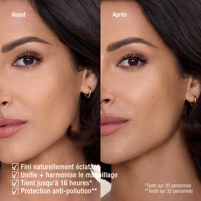 frca-AFF ORIGINAL SS RESULT ON SKIN 1000x1000 Close-up of a beauty product results graphic showing four claims: natural radiant look, blends and harmonises makeup, up to 16 hours longwear, and anti-pollution shield, with small text noting testing on 30 and 32 people.