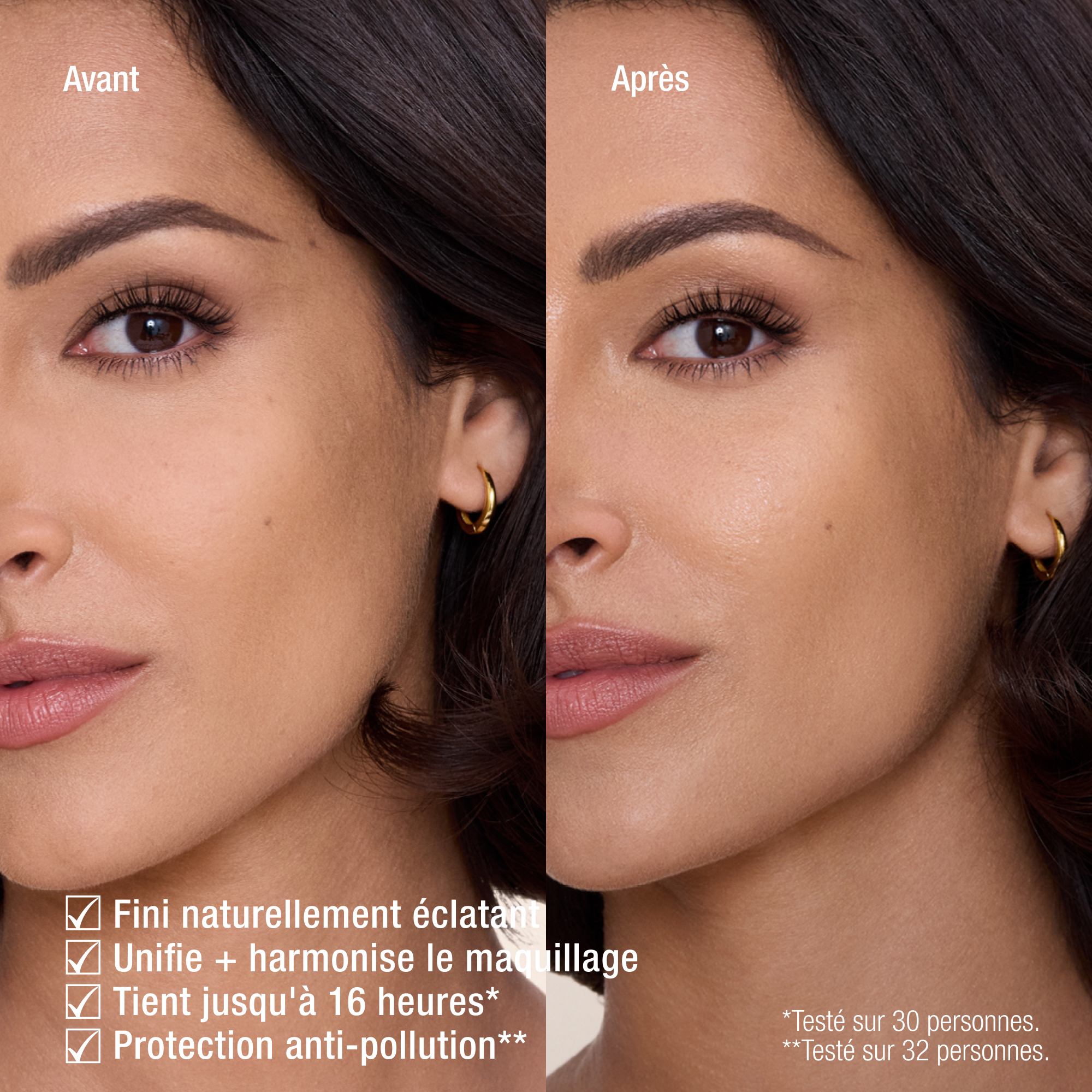 Close-up of a beauty product results graphic showing four claims: natural radiant look, blends and harmonises makeup, up to 16 hours longwear, and anti-pollution shield, with small text noting testing on 30 and 32 people.