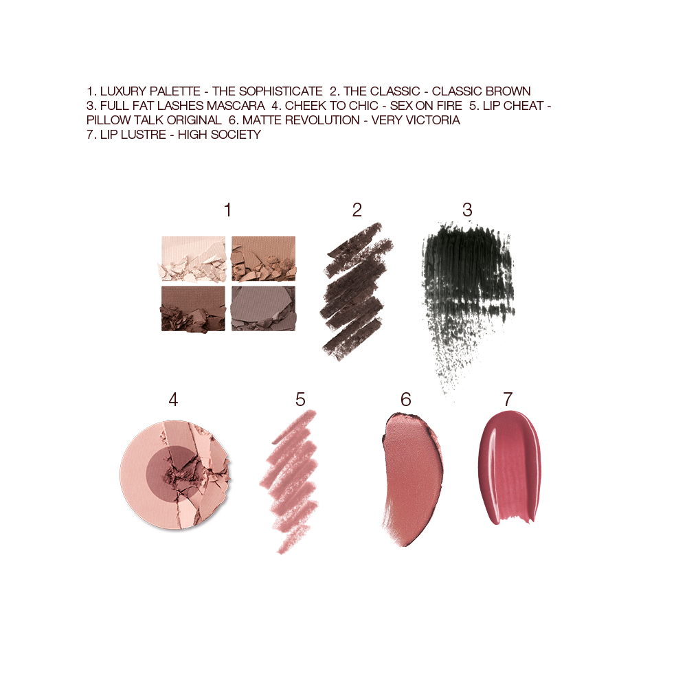 Swatches of a quad eyeshadow palette in shades of brown, grey, and gold, brown eyeliner, black mascara, two-tone blush in medium brown and dusty pink, lip liner in nude pink, lipstick in nude pink, and lip gloss in berry-pink. 