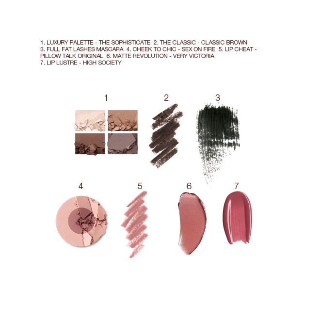 Swatches of a quad eyeshadow palette in shades of brown, grey, and gold, brown eyeliner, black mascara, two-tone blush in medium brown and dusty pink, lip liner in nude pink, lipstick in nude pink, and lip gloss in berry-pink. 