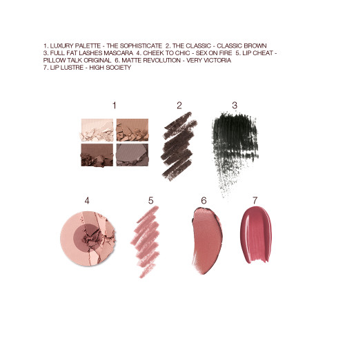 Swatches of a quad eyeshadow palette in shades of brown, grey, and gold, brown eyeliner, black mascara, two-tone blush in medium brown and dusty pink, lip liner in nude pink, lipstick in nude pink, and lip gloss in berry-pink. 