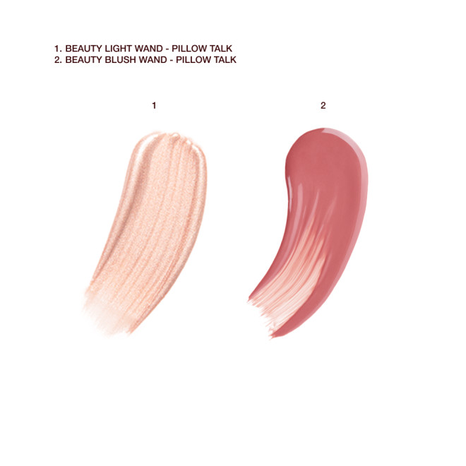 A texture swatch of a pinky shimmery liquid highligher on the left, and a texture swatch of a rosy pink matte liquid blush on the right