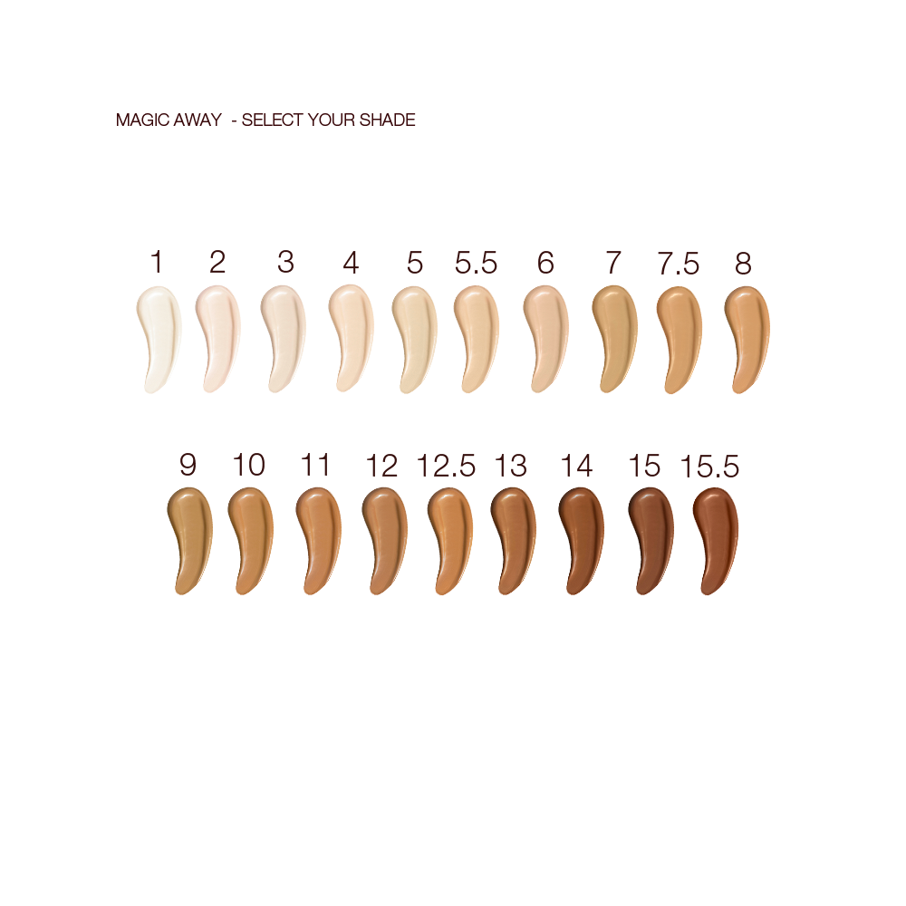 Swatches of nineteen, liquid concealers in shades ranging from ivory, beige, and peach to light, medium, and dark brown for fair, light, medium-light, medium, medium-dark, and deep skin tones. 