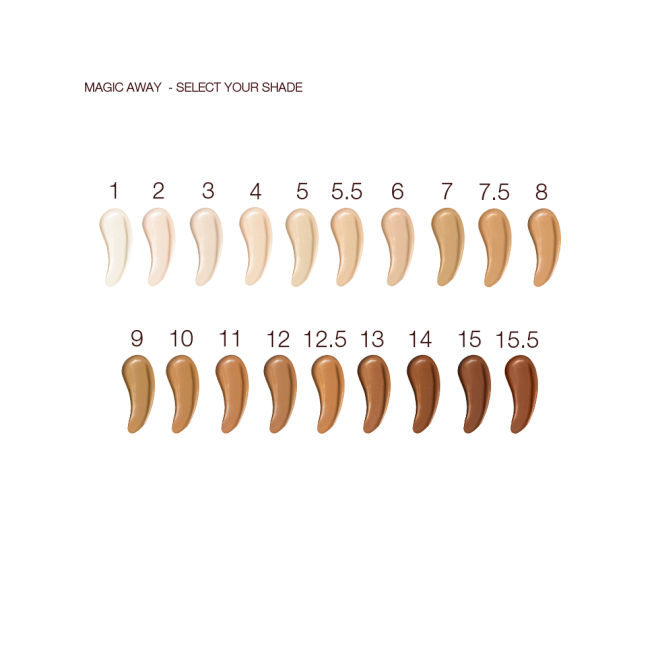 Swatches of nineteen, liquid concealers in shades ranging from ivory, beige, and peach to light, medium, and dark brown for fair, light, medium-light, medium, medium-dark, and deep skin tones. 