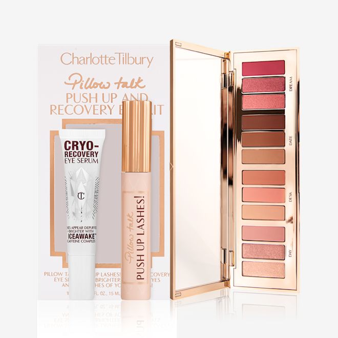 Push Up Recovery Summer Eye Kit Eye serum in a white-coloured bottle, black mascara in a nude pink tube with a gold-coloured lid, and an open, 12-pan eyeshadow palette with matte and shimmery eyeshadows in shades of pink, brown, and gold.