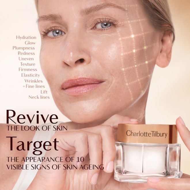 Magic Cream - model Danielle - Revive and reverse infographic A hand holding a Charlotte Tilbury cream jar against a soft, warm-toned background. Text on the image highlights benefits such as improved hydration, glow, plumpness, firmness, and reduced redness, uneven texture, elasticity loss, wrinkles, and fine lines. Additional text reads: ‘Revive in 28 seconds’ and ‘Reverse 10 visible signs of ageing.
