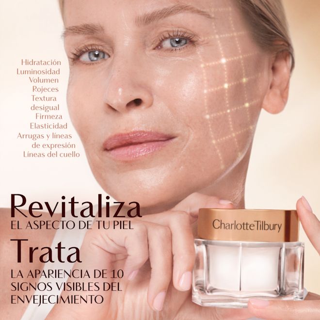 Infografía de Magic Cream en modelo Danielle: revitalizar y revertir Una mano sosteniendo un tarro de crema de Charlotte Tilbury contra un fondo suave y de tonos cálidos. El texto de la imagen destaca los beneficios como una mejor hidratación, luminosidad, volumen, firmeza y reducción del enrojecimiento, textura desigual, pérdida de elasticidad, arrugas y líneas de expresión. El texto adicional dice: "Revive en 28 segundos" e "Invierte los 10 signos visibles de la edad".