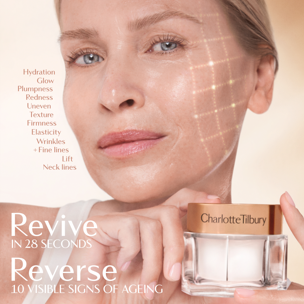 A hand holding a Charlotte Tilbury cream jar against a soft, warm-toned background. Text on the image highlights benefits such as improved hydration, glow, plumpness, firmness, and reduced redness, uneven texture, elasticity loss, wrinkles, and fine lines. Additional text reads: ‘Revive in 28 seconds’ and ‘Reverse 10 visible signs of ageing.