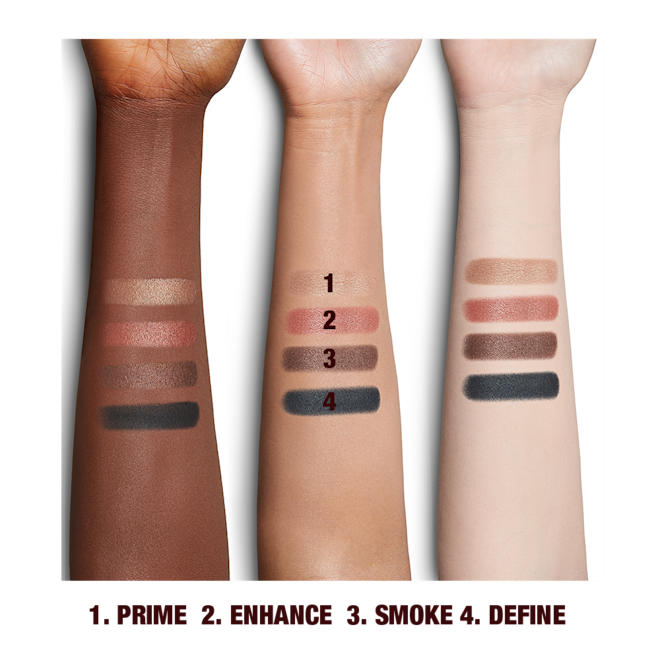 Hollywood Flawless Eye Filter in Diva Lights arm swatches Fair, tan, and deep-tone arms with matte and shimmery eyeshadows in rose gold, chocolate brown, champagne, and black.