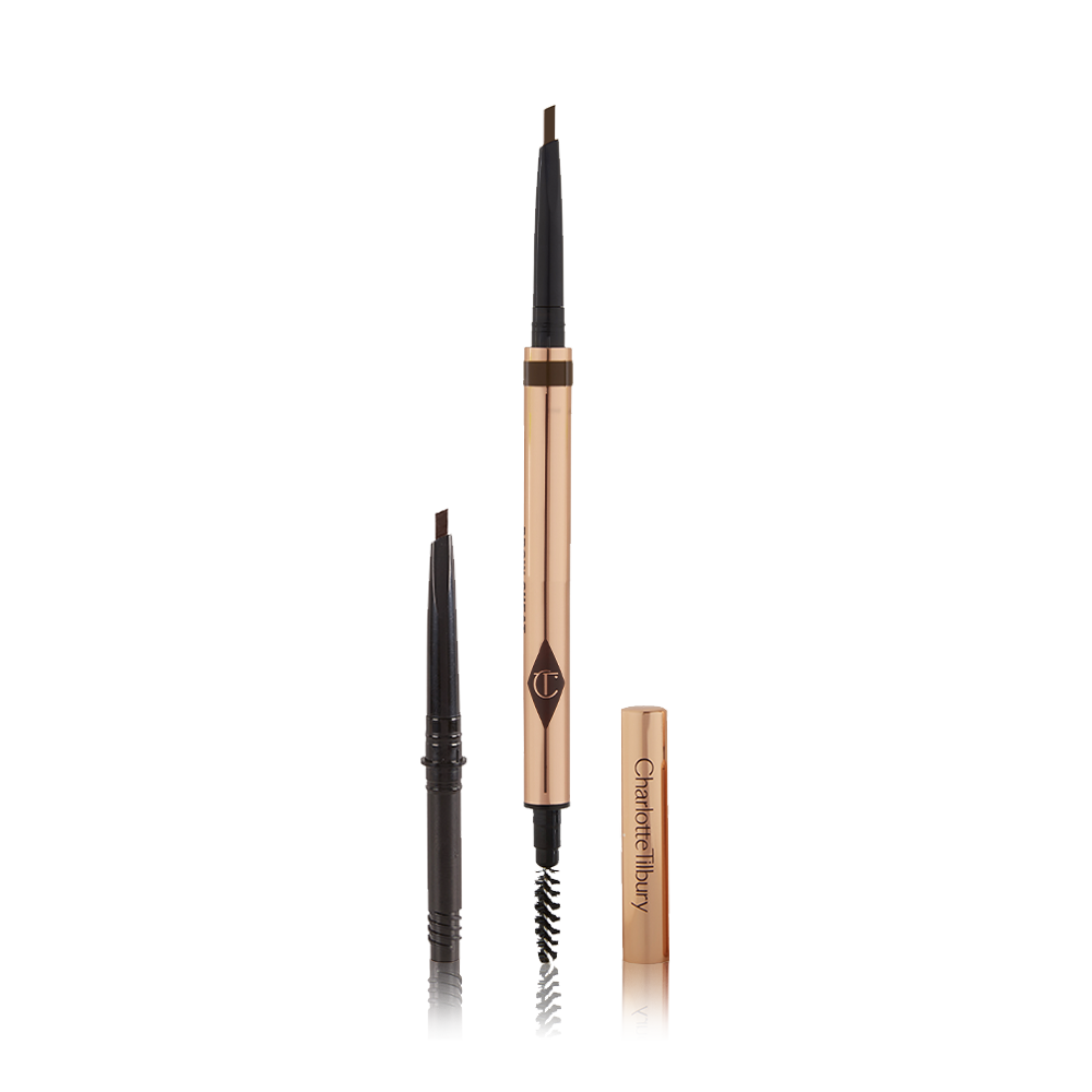 A double-ended eyebrow pencil and spoolie brush duo in a dark brown shade with gold-coloured packaging and the refill besides it.