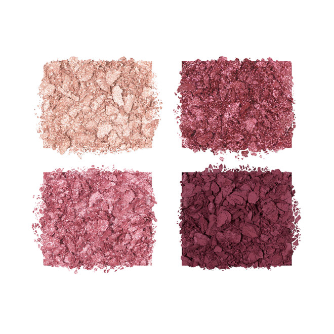 Swatches of crushed eyeshadows in shades of pink, plum, and champagne. 